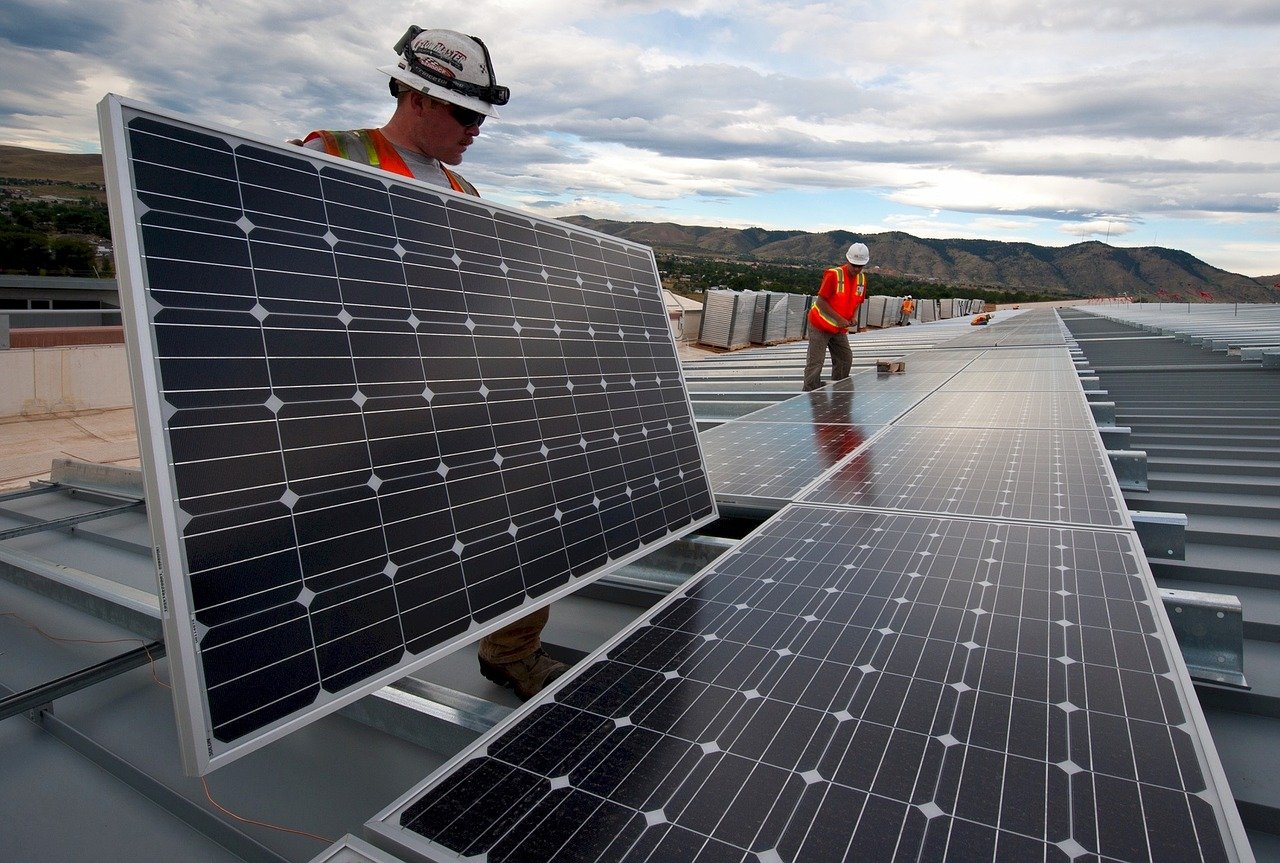 solar panels, installation, workers